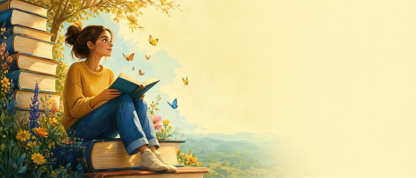 Young woman reading book while sitting on giant stack of books in garden. National Book Lovers Day celebration. Magical literature world, imagination and daydreaming concept. Banner with copy space