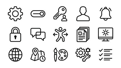 Fototapeta premium Set of Interface Icons: A collection of clean, modern icons representing various digital interface elements like settings, user profiles, notifications, and more, perfect for web and app design.