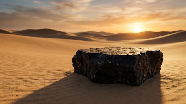 Black volcanic basalt rock podium on desert sand dune at sunset for luxury product mockup