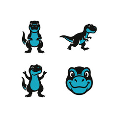 Set of 4 cartoon tyrannosaurus rex dinosaur mascot illustrations: standing t-rex, running t-rex, waving t-rex and smiling t-rex head © GEAD
