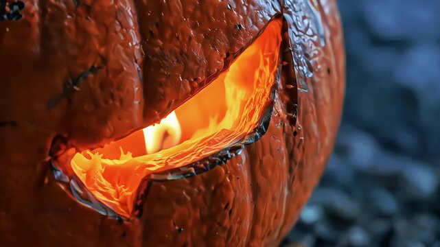 Extreme Close Up of Glowing Pumpkin Carving with Amber Light