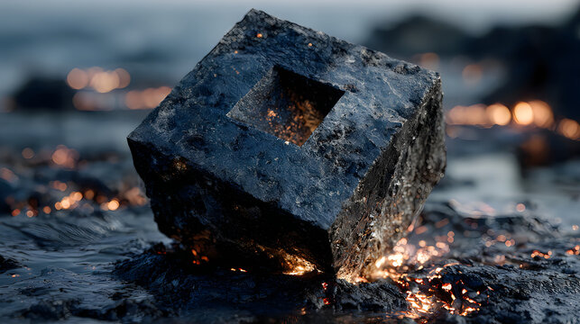 Dark volcanic rock cube revealing fiery molten core pictures