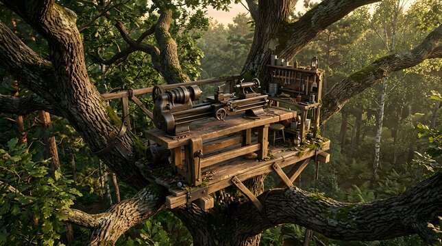 Vintage metal lathe on wooden treehouse workbench