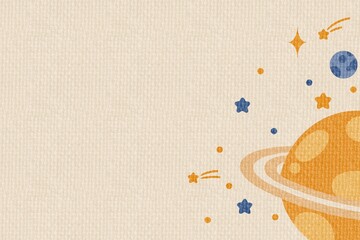 Cute outer space background with planet and stars on textured canvas paper © Rianity
