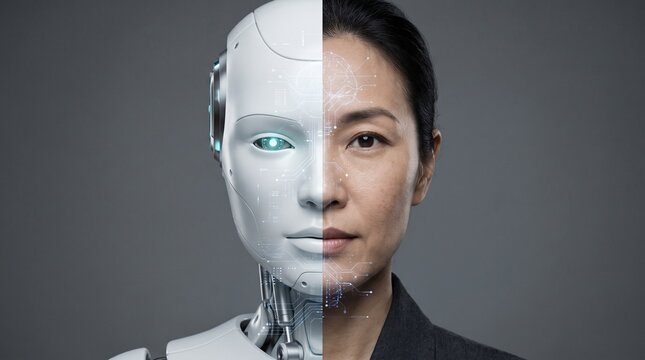 Concept of artificial intelligence and human integration showing a split face portrait of a woman and a futuristic robot