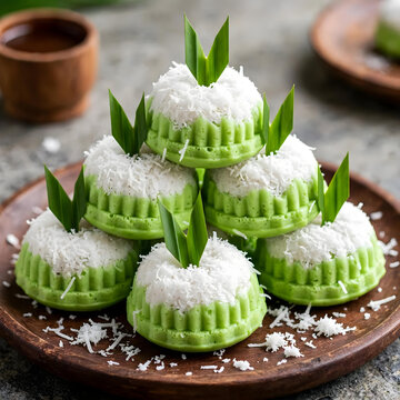 A traditional Indonesian cake known as kue putu ayu, characterized by its bright green color, pandan aroma, and a topping of grated white coconut.