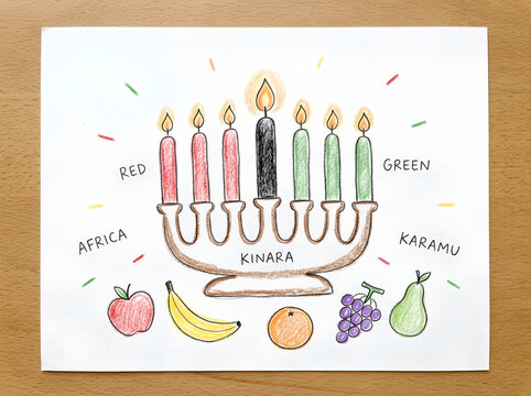 Clean minimal illustration: child drawing a Kinara and fruits, thin hand-drawn outlines, two-tone flat accents, paper grain