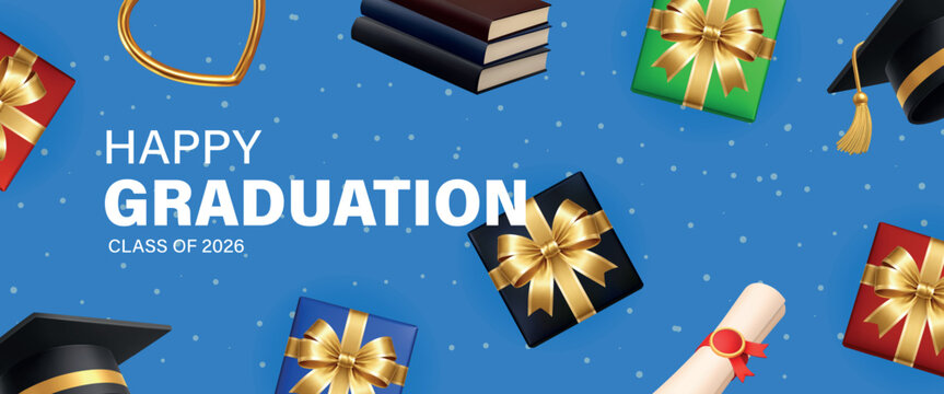 Happy Graduation class of 2026 banner with graduation cap, diploma, books, gift boxes and festive confetti on blue background