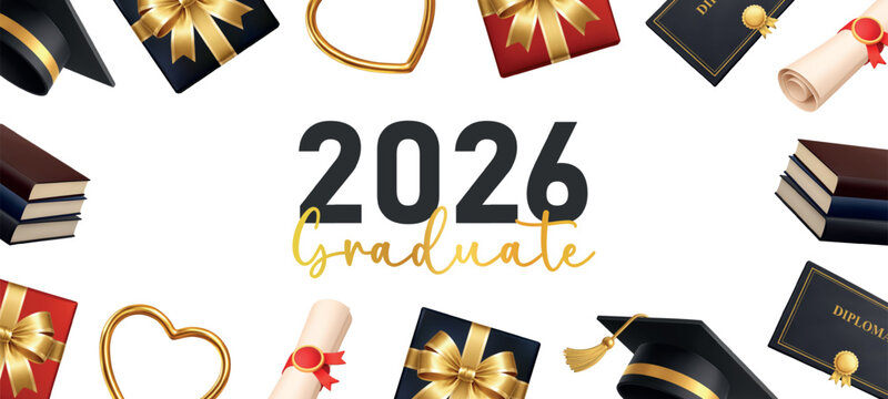 Graduation 2026 celebration banner with diploma, books, gift boxes, graduation cap and gold heart frame on white background