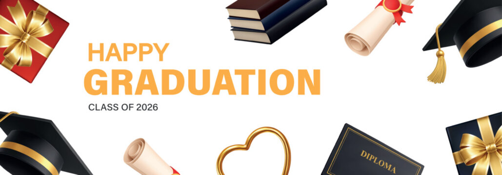 Happy Graduation Class of 2026 banner with diploma, graduation cap, books, gifts and gold heart frame on white background