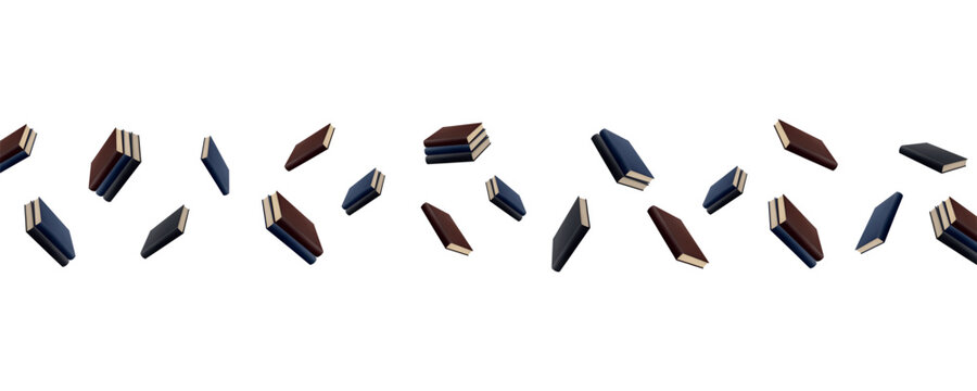 Flying books decorative border on white background for education, reading, school and academic presentation designs
