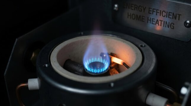 Gas burner flame inside a domestic heating boiler combustion chamber