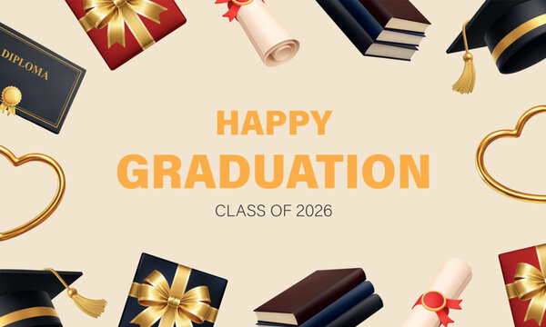 Happy Graduation Class of 2026 greeting card with diploma, books, graduation cap, gifts and golden heart frame on beige background