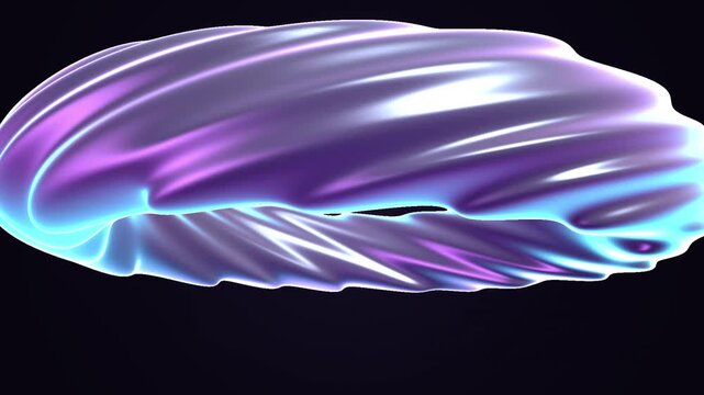 Futuristic iridescent purple twisted torus rotating on a dark background in seamless loop