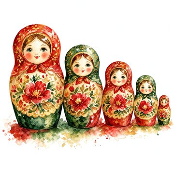 Five Matryoshka Nesting Dolls in a Row Folk Watercolor Art