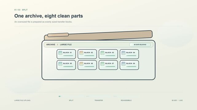 Large file upload animation showing data split into smaller parts, transferred to cloud storage and reassembled, modern motion graphic for high-volume transfer, backup and digital workflow