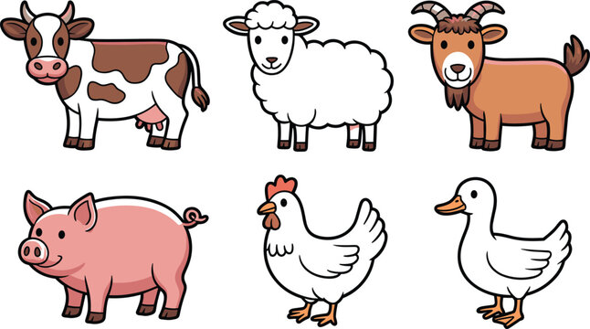 Cute Farm Animal Illustration Set with Cow, Sheep, Goat, Pig, Chicken, and Duck for Agriculture, Rural, Nursery, and Children&rsquo;s Designs
