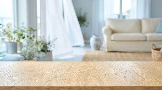 Empty wooden table top with blurred bright living room background for product display mockup in minimalist home space