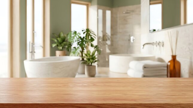 Empty wooden table top in blurred modern bathroom interior with bathtub plants and towels for product display mockup.