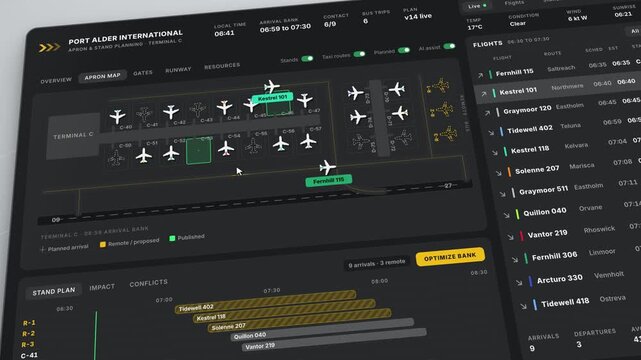 Airport Operations Dashboard UI, Apron Stand Planning Map, Live Flight Tracker Interface, Air Traffic Control Monitor, Terminal Gate Display, Flight Planning, Gold Orange Accent, Telemetry Screen