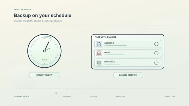 Automatic backup animation showing scheduled cloud protection, recurring file copies and secure storage updates, modern motion graphic for data safety, recovery, continuity and digital workflow