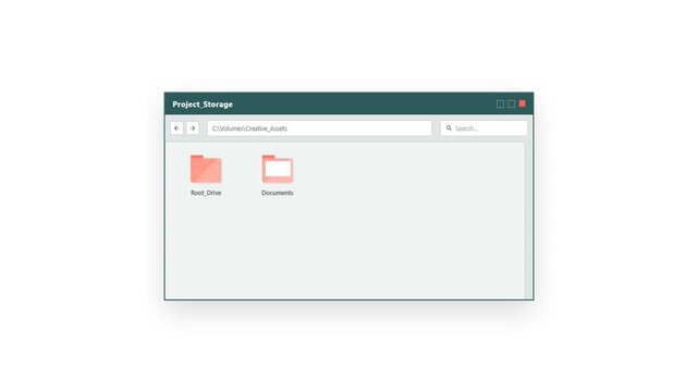 Animated UI Design of a File Explorer Window Showing Project Storage and Root Drive Folder