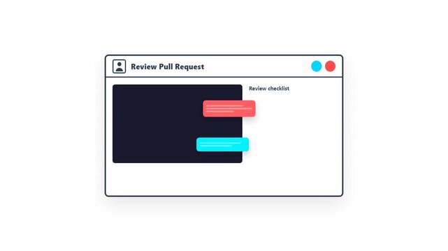 Minimalist motion graphics animation of a Review Pull Request interface window, illustrating software development workflow and code review process on a clean white background.