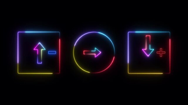 Glowing Neon Financial Transaction Icons with Transfer Income and Expense Arrows on Black Background