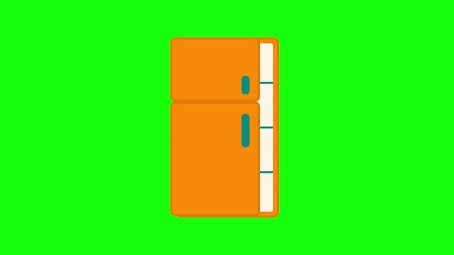 2D flat style animation icon of an orange refrigerator with two open doors showing empty white shelves inside, isolated on a bright green background for kitchen design.