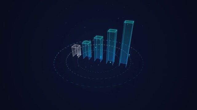 Glowing neon blue 3D holographic bar chart growing on futuristic tech background with data rings