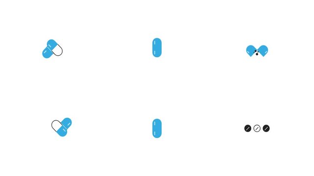 Animated blue and white capsule icons on white background, minimalist medical pharmacy motion graphics for healthcare video.