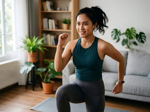 Young Asian woman doing high knee exercises on a yoga mat at home, staying fit and healthy in a bright modern living room setting.