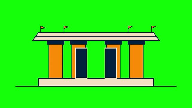 Flat vector animation icon of a classical architectural building featuring four orange columns, dark blue entrance doors, and orange flags on a green screen chroma key background.