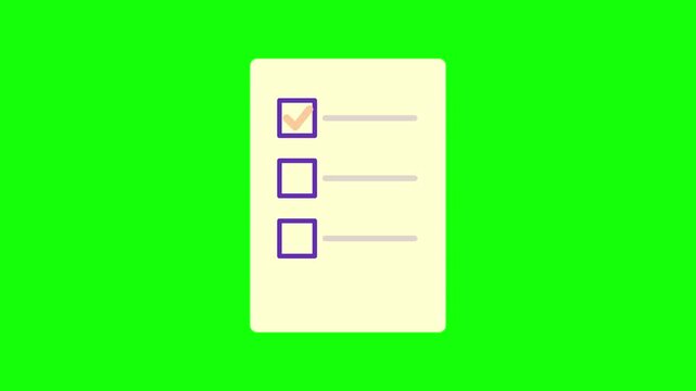 Checklist animation icon featuring a pale yellow document with purple checkboxes and orange checkmarks on a green screen background for video editing and productivity design.