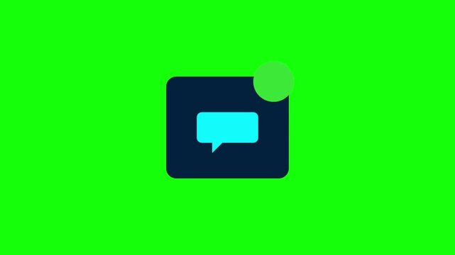 Digital chat animation icon featuring a light blue speech bubble on a dark navy blue notification box with a green dot indicator, isolated on a green screen background.