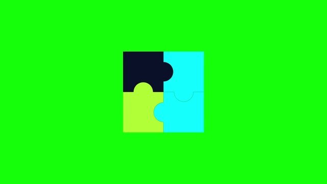 Four piece jigsaw puzzle animation icon with interlocking parts in black light blue and lime green colors isolated on a bright green screen background for video editing