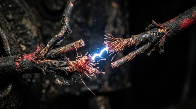 Damaged electrical cables sparking and shortcircuiting in dark environment