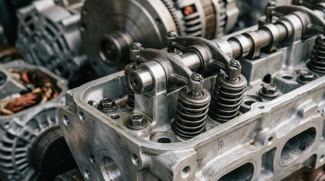 Closeup of a disassembled internal combustion engine cylinder head with camshaft and valves
