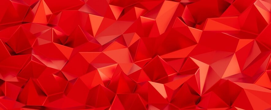 Vibrant red abstract background with geometric polygons, creating a modern faceted low-poly surface.