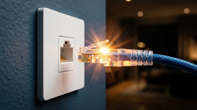 Ethernet cable plugging into a wall socket with bright light sparks