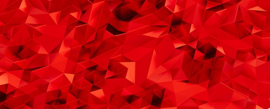 Dynamic red abstract background with geometric polygons and faceted crystal texture.