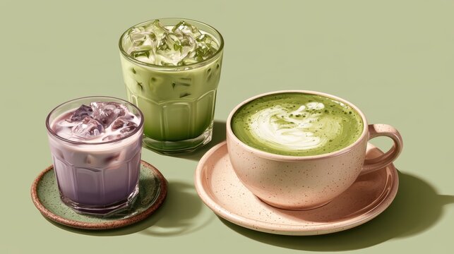Ube and Matcha drink on white background,Iced Ube Latte,and matcha latte,PopularTrendy Purple Coffee Shop,plant based recipes,superfood,menu and banner,Healthy and wellness concept.