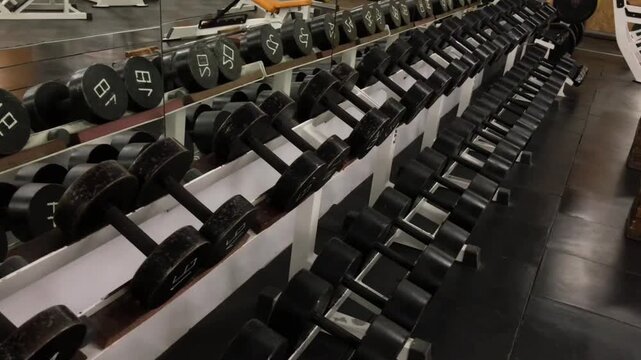 A row of various dumbbells lined on a rack in a gym, reflecting in a mirror, symbolizing fitness and strength training.