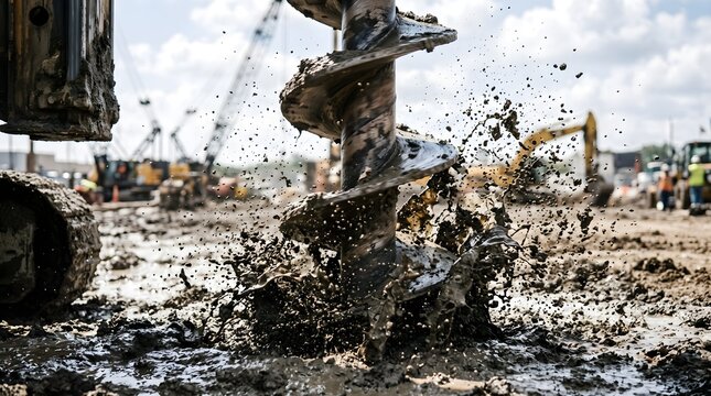 Industrial drilling rig auger boring into muddy ground, heavy machinery foundation work on construction site, hydraulic earth drill for civil engineering