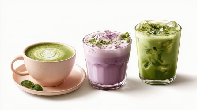 Ube and Matcha drink on white background,Iced Ube Latte,and matcha latte,PopularTrendy Purple Coffee Shop,plant based recipes,superfood,menu and banner,Healthy and wellness concept.
