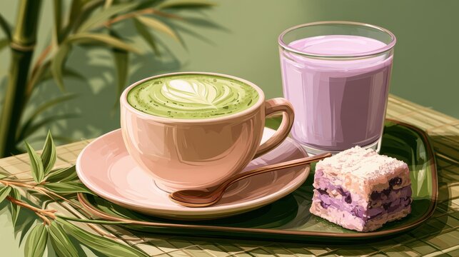 Ube and Matcha drink on white background,Iced Ube Latte,and matcha latte,PopularTrendy Purple Coffee Shop,plant based recipes,superfood,menu and banner,Healthy and wellness concept.