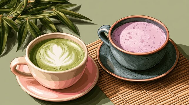 Ube and Matcha drink on white background,Iced Ube Latte,and matcha latte,PopularTrendy Purple Coffee Shop,plant based recipes,superfood,menu and banner,Healthy and wellness concept.