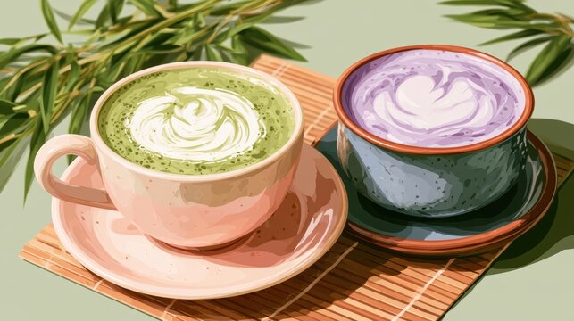 Ube and Matcha drink on white background,Iced Ube Latte,and matcha latte,PopularTrendy Purple Coffee Shop,plant based recipes,superfood,menu and banner,Healthy and wellness concept.