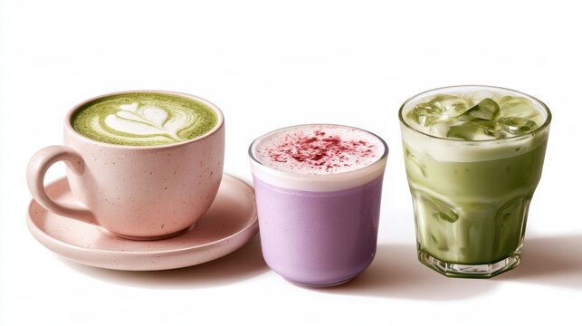 Ube and Matcha drink on white background,Iced Ube Latte,and matcha latte,PopularTrendy Purple Coffee Shop,plant based recipes,superfood,menu and banner,Healthy and wellness concept.