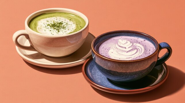 Ube and Matcha drink on white background,Iced Ube Latte,and matcha latte,PopularTrendy Purple Coffee Shop,plant based recipes,superfood,menu and banner,Healthy and wellness concept.
